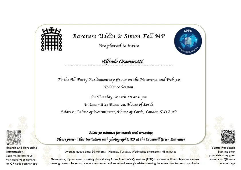 Official Invitation for the APPG Metaverse & Web 3.0 Evidence Session - 28 March 2023 10